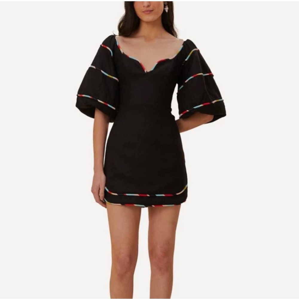 Farm Rio - Black Colored Stripes Short Sleeve Mini Dress